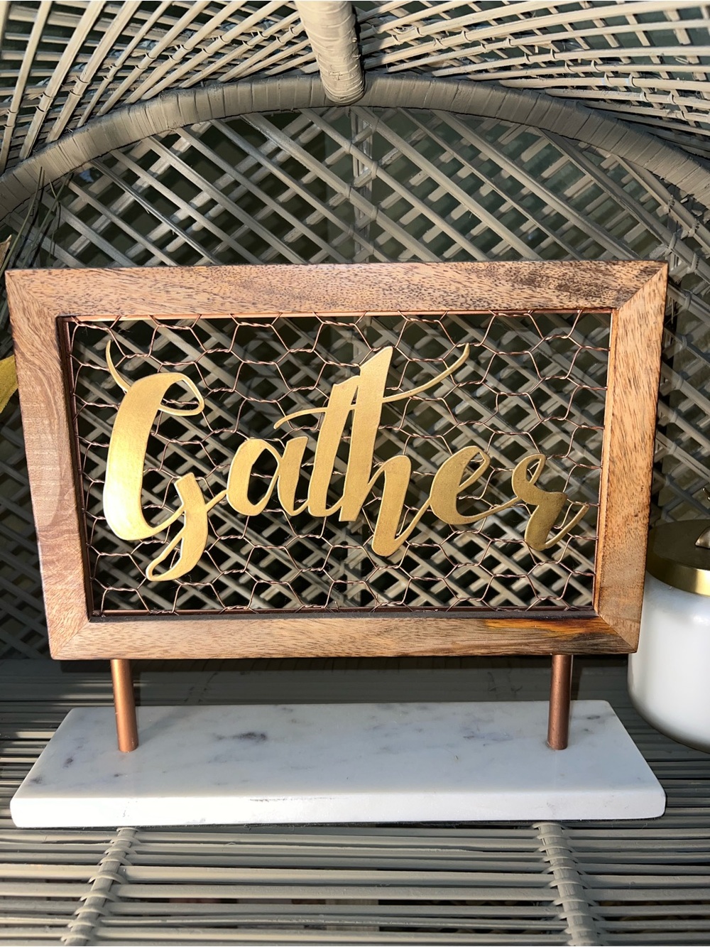 Gold "Gather" Script Sign on Wood Frame - Picture 2 of 2